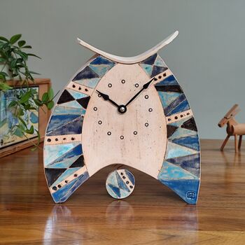 Pottery Large Mantel Clock In Blue Triangle Pattern, 2 of 8