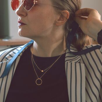 Layered Gold Circle Pendant Necklace With Double Chain, 2 of 7