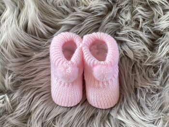 Pink Knitted Baby Booties With Pom Pom, 3 of 8