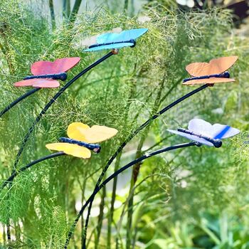 Set Of Five Coloured Butterfly Garden Stakes – Outdoor Metal Art – Vibrant Powder Coated Butterflies On Black Poles, 5 of 7