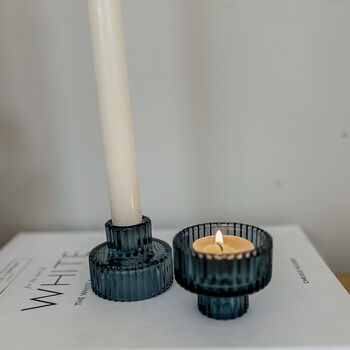 Blue Ribbed Glass Candlestick Holder, 8 of 12