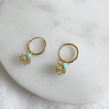 Lotus Flower Turquoise Huggie Hoops Gold Vermeil, 3 of 6