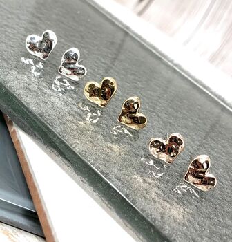 Silver And Gold Mini Heart Hammered Stud Earrings, 2 of 6