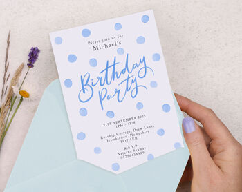 Personalised A6 Blue Spot Birthday Party Invitation, 2 of 3