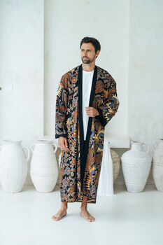Navy Men's Full Length Batik Kimono Robe, 3 of 6