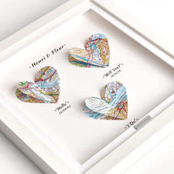 Three Personalised Heart Maps Framed Print, 2 of 12