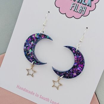 Sparkly Moon And Star Glitter Resin Earrings, 3 of 8