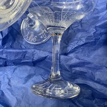 Personalised Coupe Glasses With Engraved Flower Motif, 7 of 9