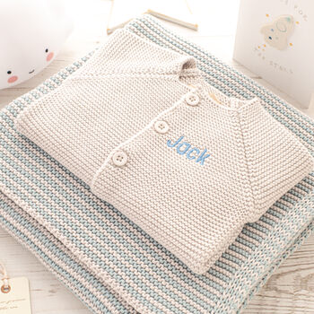 Baby Cosy Cardigan And Aqua Mini Stripe Blanket Set, 10 of 10