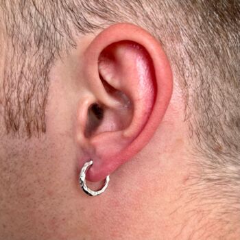 Mens Chunky Hammered Sterling Silver Hoop Earrings, 4 of 12