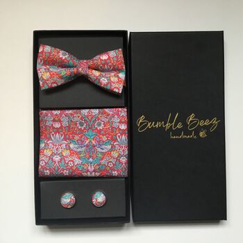 Red Liberty Bow Tie , Pocket Square Cuff Link Gift Set, 4 of 12