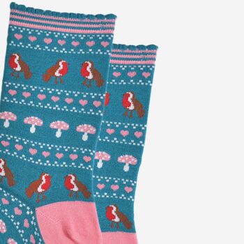 Women's Bamboo Socks Teal Robin Fair Isle, 3 of 5