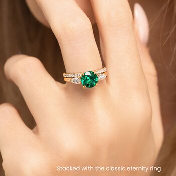 Emerald Round Cut Three Stone Engagement Ring In Sterling Silver And Gold, 7 of 12