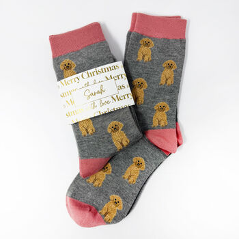 Personalised Christmas Cavapoo Bamboo Socks With Gold Foil Label, 8 of 9