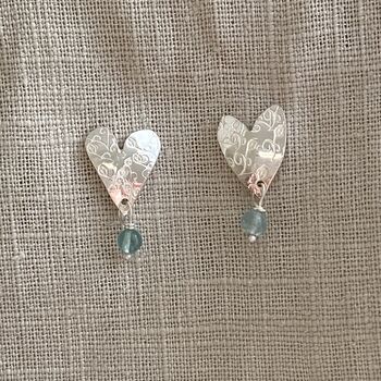 Sterling Silver Heart Stud Earrings With Blue Gem Drop, 2 of 6