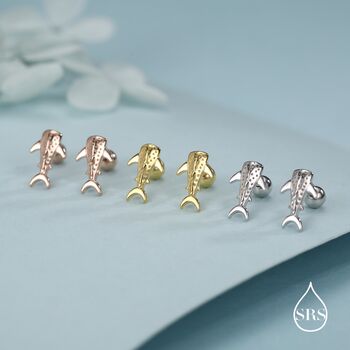 Sterling Silver Shark 18 G Screw Back Stud Earrings With Ball Backs, 2 of 11