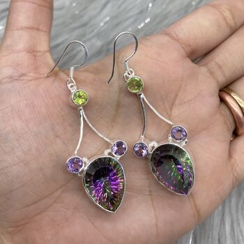 Mystic Quartz Silver Drop Earrings: Peridot Amethyst, August February Birthstone, 8 of 8