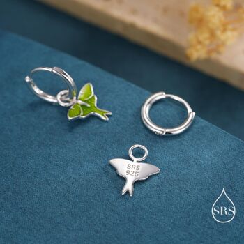 Sterling Silver Lunar Moth Enamel Huggie Hoop Earrings, 5 of 10