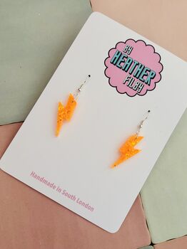 Small Neon Orange Glitter Lightning Bolt Earrings / Bright Orange Jewellery Bold Neon Sparkle / Electric Retro Flash Dangles, 5 of 5