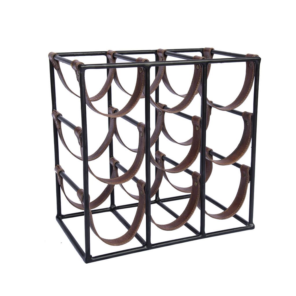 Square Leather And Metal Nine Bottle Sling Wine Rack, 1 of 8