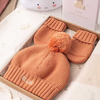 Baby Boy Personalised Bobble Hat And Mittens Gift Set, 12 of 12