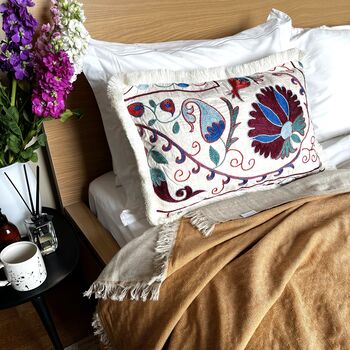 Oblong Silk Embroidered Suzani Cushion Burgundy, 4 of 11