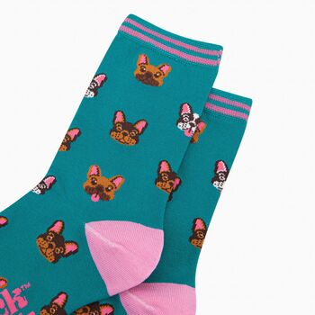 French Bulldogs Bamboo Ankle Socks Women's Teal, 3 of 4
