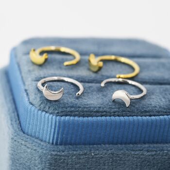 Sterilng Silver Tiny Crescent Moon Huggie Hoop Earrings, 7 of 12