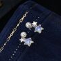 Tiny Moonstone Star And Pearl Stud Earrings In Sterling Silver, thumbnail 1 of 11