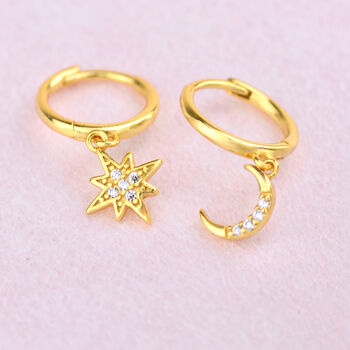 Gold Cz Moon And Star Huggie Hoop Earrings, 2 of 7