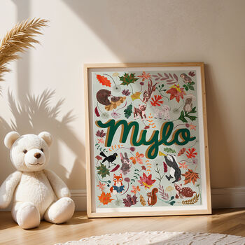 Personalised Green Woodland Animal Name Print | Hand Painted Forest Nursery Wall Art | Woodland Baby Gift, 2 of 9
