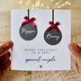 Personalised Bauble And Bow Couple Christmas Card, thumbnail 1 of 4