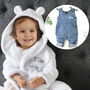Personalised White Baby Gown With Denim Dungarees Set, thumbnail 1 of 12
