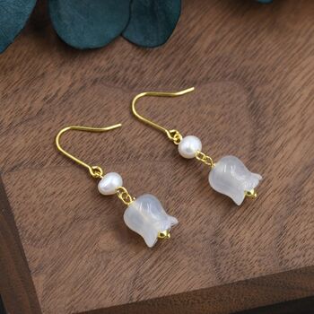 Sterling Silver Carved Jade Lily Of The Valley Earrings With Natural Freshwater Pearls, 5 of 12