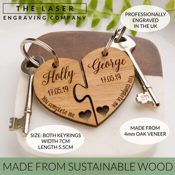 Personalised Jigsaw Heart Oak Keyring 'You Complete Me', 2 of 7