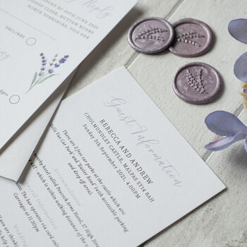 Lilac Wedding Invitation With Lavender Wax Seal, 7 of 11