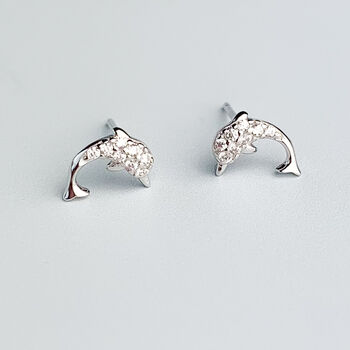Sterling Silver Crystal Dolphin Stud Earrings, 3 of 5