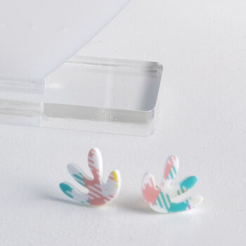 Sterling Silver Small Leaf Shaped Gingham Acrylic Studs, 3 of 6