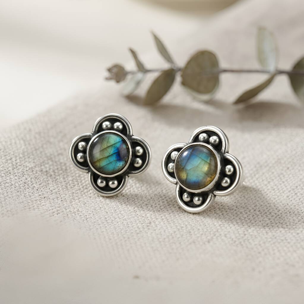 Oxidised Silver Labradorite Clover Stud Earrings, 1 of 3
