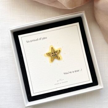 Gold Star Smiley Face Enamel Pin And Card | Well Done Child Gift | Exam Results Reward, 3 of 10