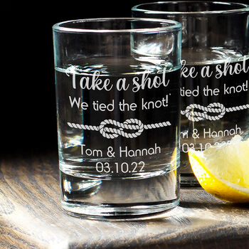 Pair Of We Tied The Knot Wedding Keepsake Shot Glasses, 2 of 5