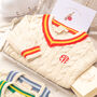 Children’s Personalised Cream Cricket Jumper With Red And Yellow Stripes, thumbnail 1 of 12
