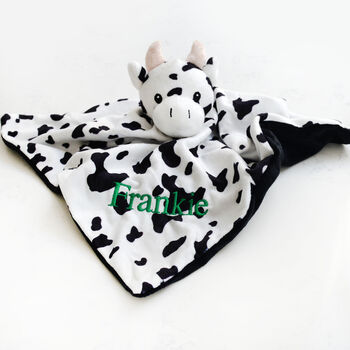 Personalised Cow Baby Comforter Black And White, 2 of 8