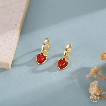 Sterling Silver Natural Red Onyx Heart Dangle Huggie Hoop Earrings, 4 of 11