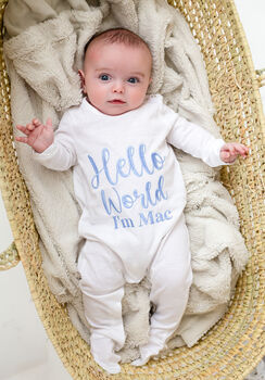 'Hello World' Embroidered Personalised Babygro Sleepsuit, 6 of 6