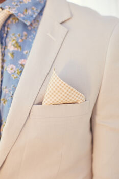 Mens Beige Gingham Print Pocket Square, 9 of 12