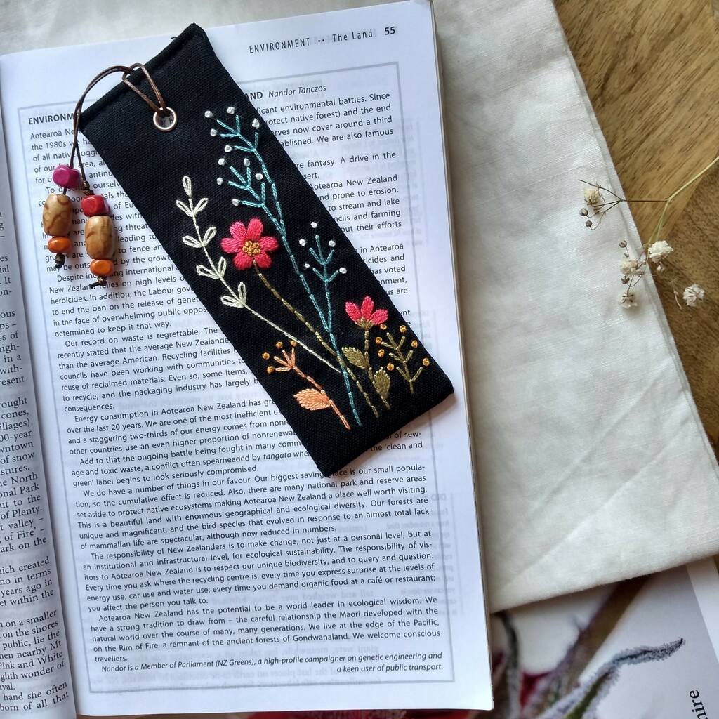 Black Linen Bookmark With Hand Embroidered Flower By Southsea Linen ...