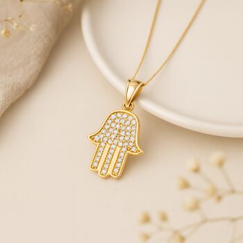 Personalised 9ct Gold Hamsa Pendant With Pavé Cz Stones, 2 of 8