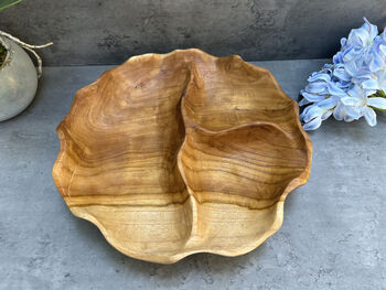 30cm Handcrafted Teak Wooden Triple Fruit Nuts Bowl, 6 of 12