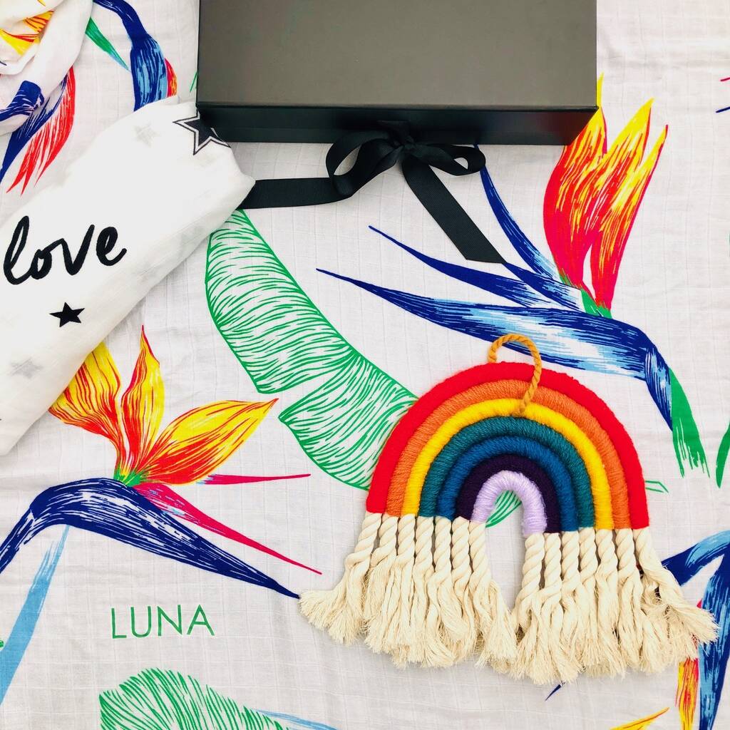Rainbow And Personalised Muslin Blanket Baby Gift Set, 1 of 8